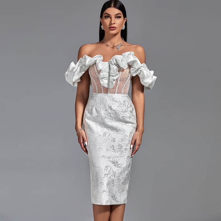 White Jacquard Elegant Sexy Off Shoulder Midi Bodycon Dress Yellow / XL White Jacquard Elegant Sexy Off Shoulder Midi Bodycon Dress Yellow / XL