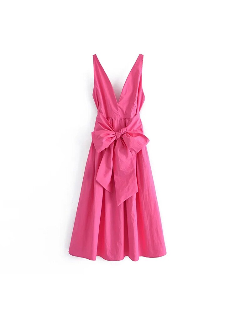 V-Neck Strap Belted Backless Zipper Midi Dress