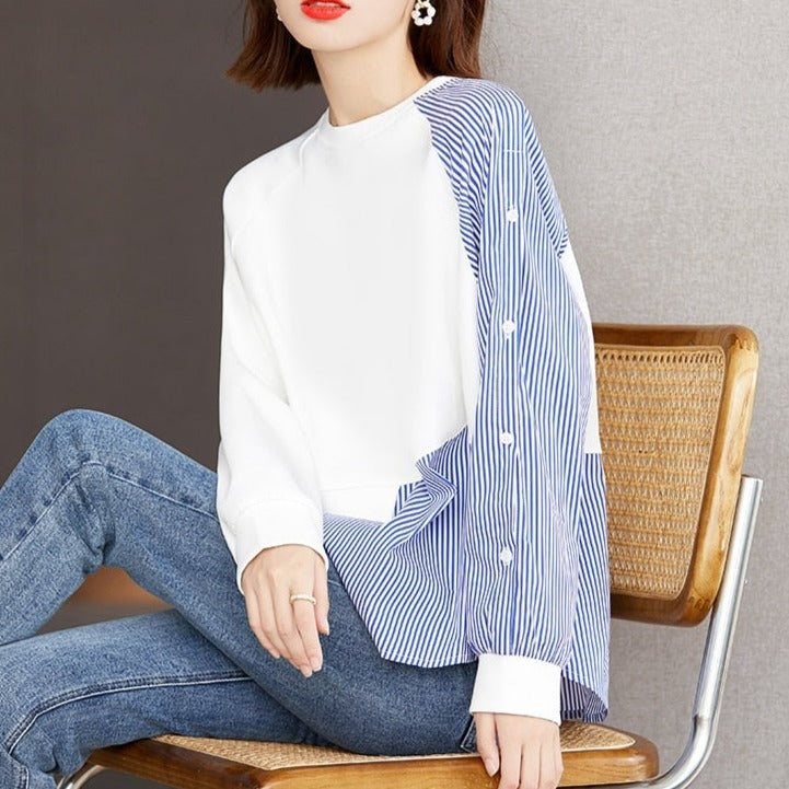 Irregular Striped Shirt Panel Sweatshirt Office Blusas Vintage Top Simple Chiffon Women Blouses Casual Shirts