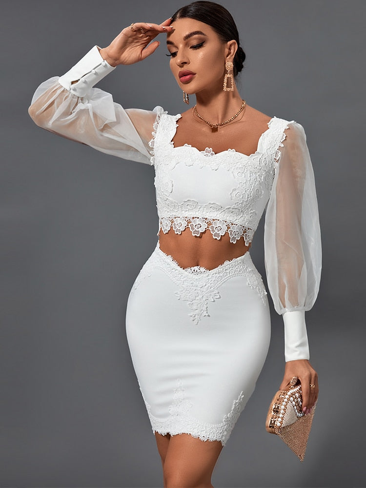 Sexy Elegant Lace Two Piece Bodycon Dress White / M Sexy Elegant Lace Two Piece Bodycon Dress White / M
