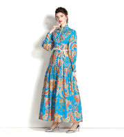 High Quality Loose Belt Floral Print Multicolor Long Sleeve Lantern Dress