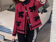 Classic Style Chunky Contrast Color Bow Knitted Tweed Jacket