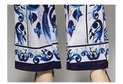 High Quality Blue Porcelain Print Long Sleeve Blouse + Pant 2 Piece Set