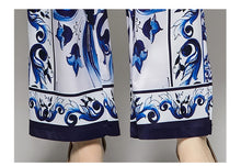 High Quality Blue Porcelain Print Long Sleeve Blouse + Pant 2 Piece Set