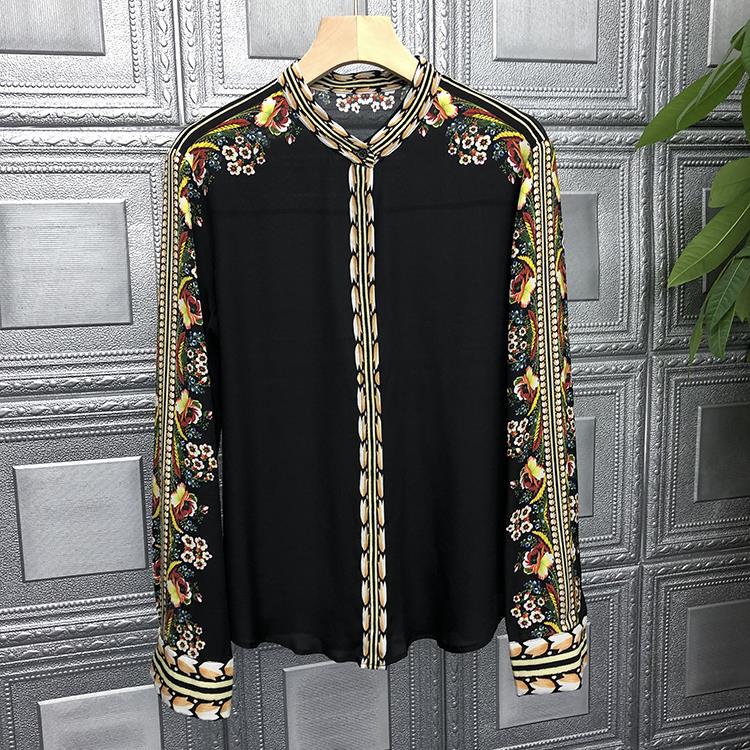 High Quality Stand Collar Retro Print Long Sleeve Silk Black Shirt