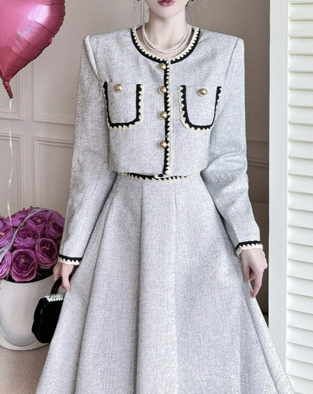 European Long Sleeves Two Piece Elegant Vintage Tweed Dress White / L European Long Sleeves Two Piece Elegant Vintage Tweed Dress White / L