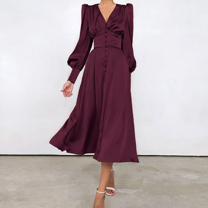 V Neck Long Sleeves Flared Maxi Dress