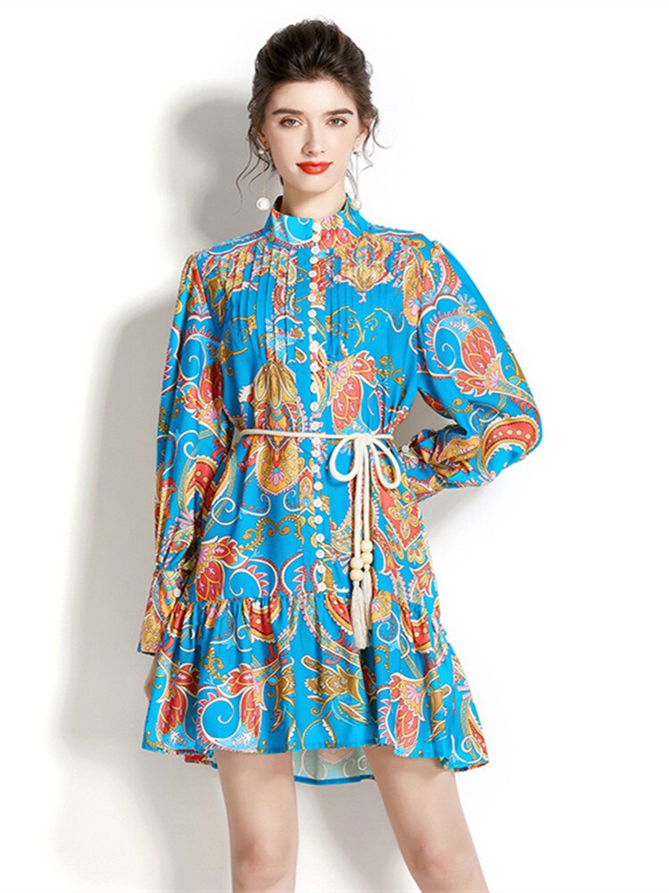 High quality vintage long sleeve single breasted lace belt print blue green shirt dress