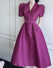 Elegant Double Breasted Midi Puff Sleeve Belted High Waist Plain Dress