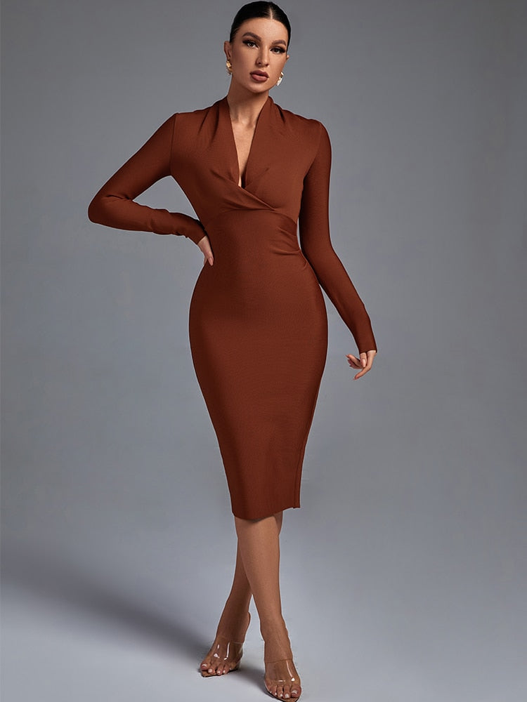 Brown Bandage Dress Long Sleeve Bodycon Elegant Sexy Midi Dress Tan / M Brown Bandage Dress Long Sleeve Bodycon Elegant Sexy Midi Dress Tan / M