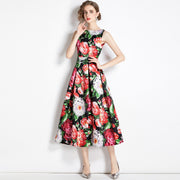 High Quality Midi Floral Print Sleeveless Round Neck Dress