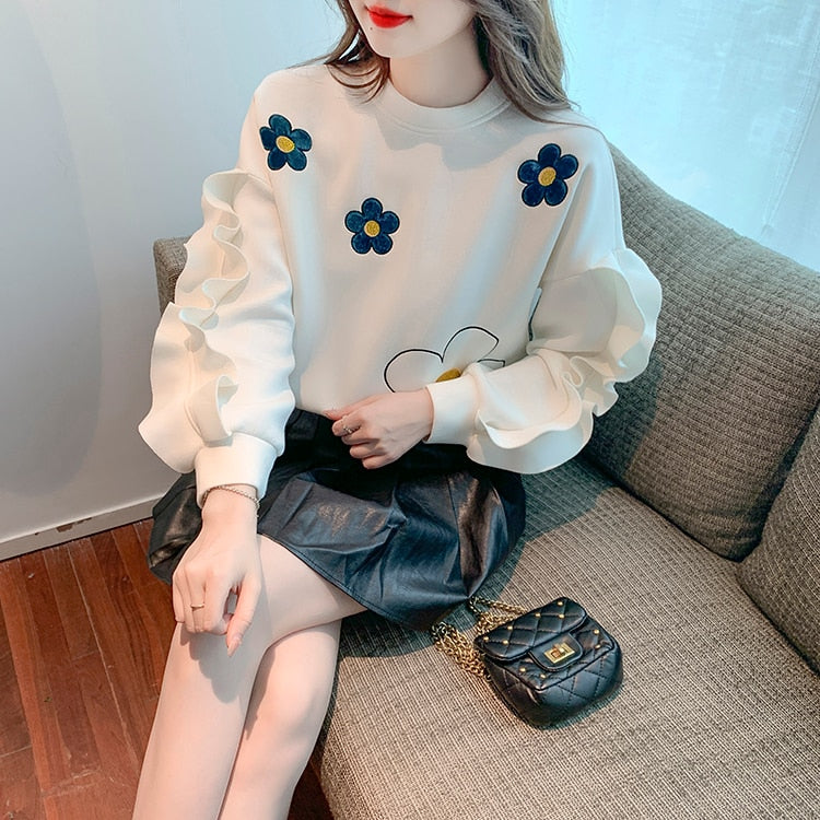 Women Long Sleeve Sweatshirt Flowers Vintage Work Casual Tops Europeo Design Loose T-Shirts