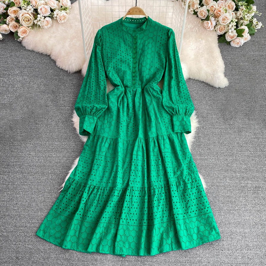 Vintage Elegant Embroidered Hollow Out Midi Dress In Various Colors High Quality