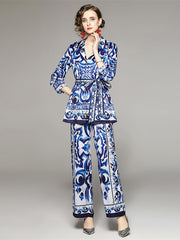 High Quality Blue Porcelain Print Long Sleeve Blouse + Pant 2 Piece Set