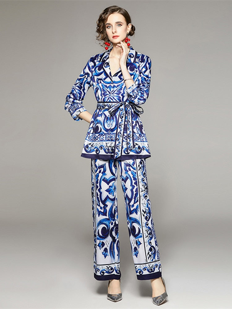 High Quality Blue Porcelain Print Long Sleeve Blouse + Pant 2 Piece Set