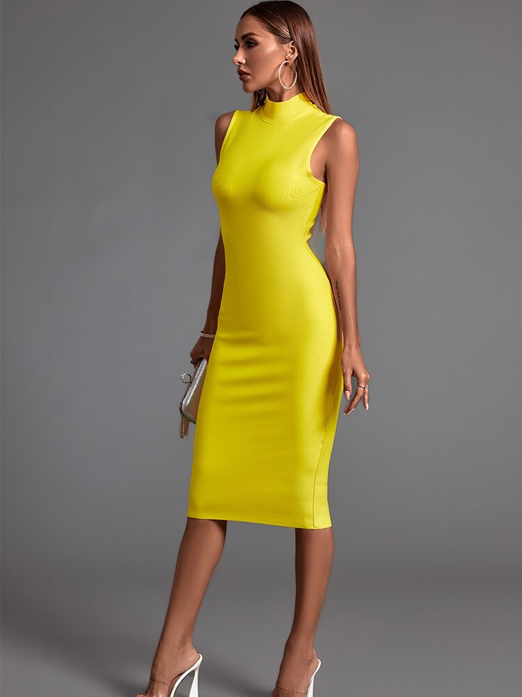 Yellow Sleeveless Bodycon Midi Elegant Dress