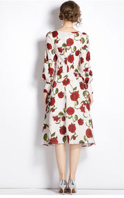 Women Autumn Elegant Floral Dress Festa High Quality Cocktail Party Robe Femme Vintage Square Collar Designer Vestidos