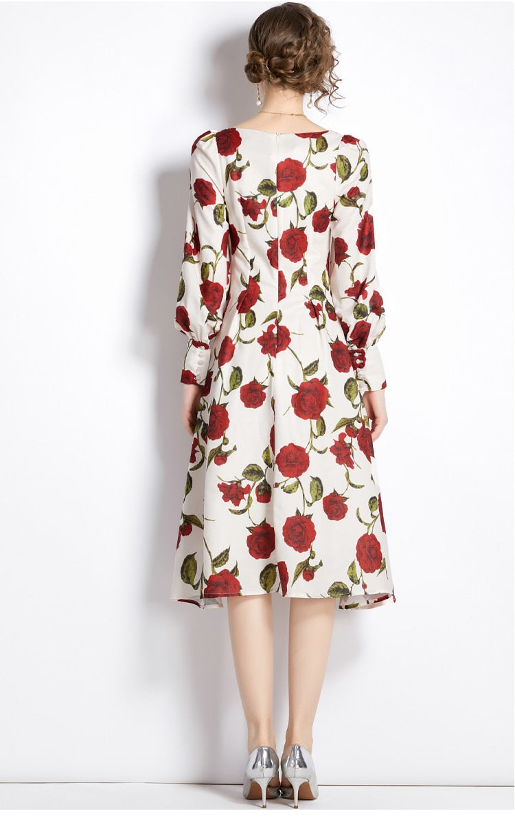 Women Autumn Elegant Floral Dress Festa High Quality Cocktail Party Robe Femme Vintage Square Collar Designer Vestidos