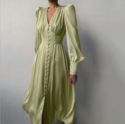 V Neck Long Sleeves Flared Maxi Dress