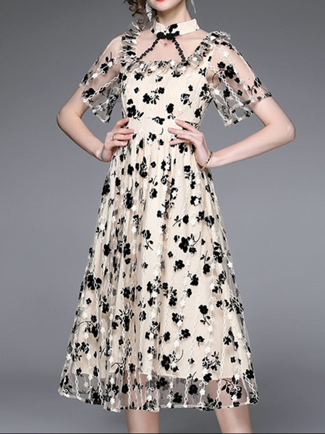 Women Summer Elegant Flocking Dress Festa High Quality Lace Cocktail Party Robe Femme Vintage Designer Mesh Vestidos