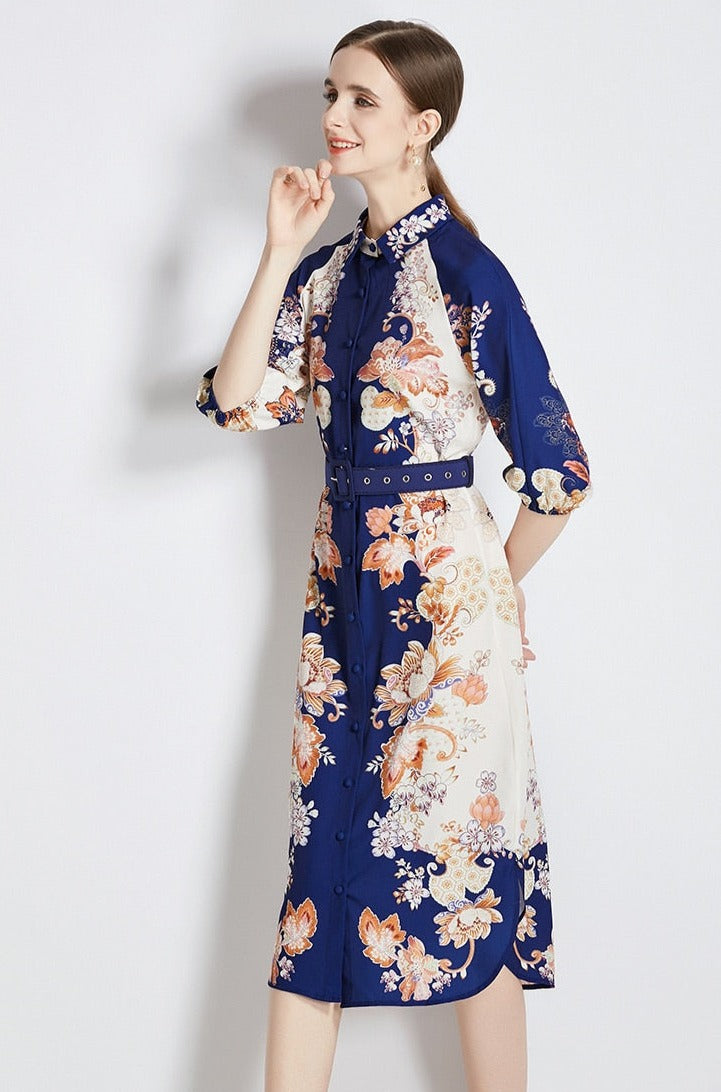 High Quality Belted Long Sleeve Flower Print Midi Dress