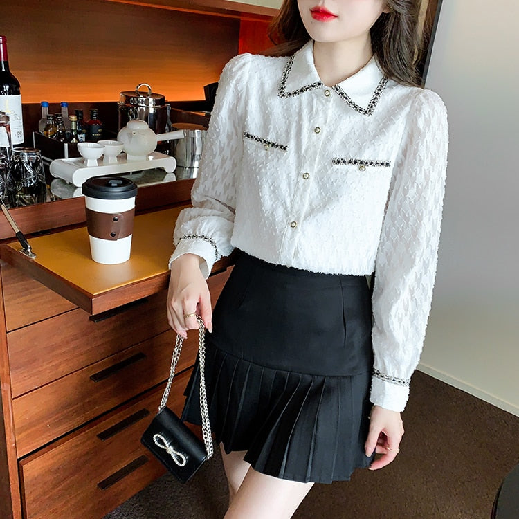 High quality color matching vintage long sleeve chiffon shirt