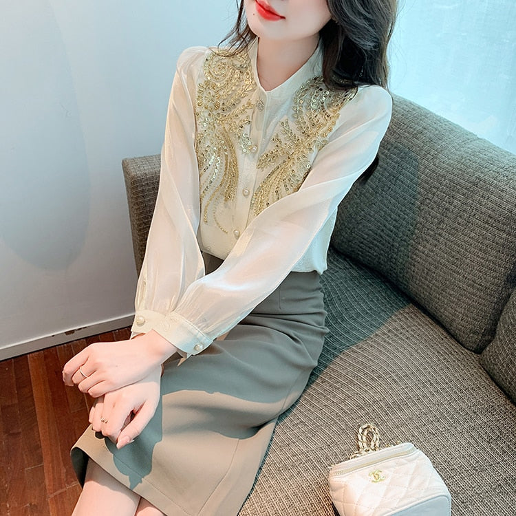 Vintage blouses embroidered with sequins long sleeves elegant