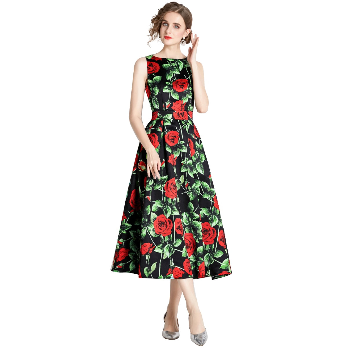 High Quality Midi Floral Print Sleeveless Round Neck Dress