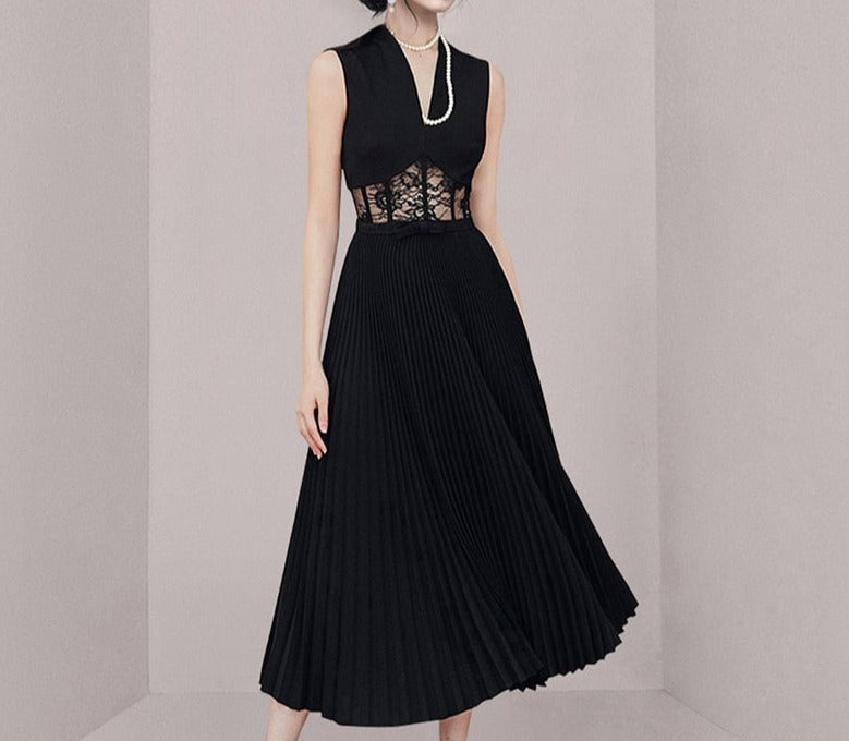 Pleated Lace Splicing Elegant Long Dress