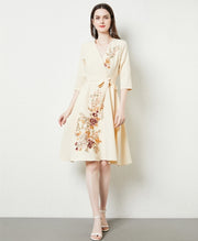 High Quality Three Quarter Sleeve V Neck Embroidered Elegant Dress