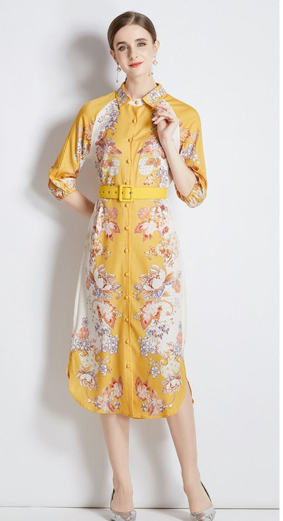 Dress High Neck Puffed Sleeve Floral Print with Belt