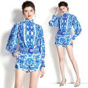 High Quality Print High Neck Lantern Long Sleeve Belted 2 Piece Set