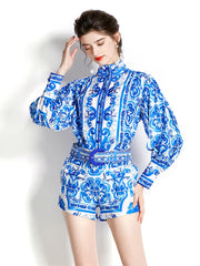 High Quality Print High Neck Lantern Long Sleeve Belted 2 Piece Set