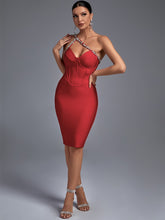 Elegant Red Bodycon Bandage Dress Sexy Halter Neck Midi Dress