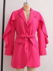 Casual Long Sleeve Cascading Ruffle Belted Suit Coat