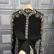 High Quality Stand Collar Retro Print Long Sleeve Silk Black Shirt