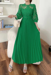 High quality vintage belted round neck half sleeve hollow out lace dress