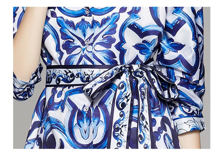 High Quality Blue Porcelain Print Long Sleeve Blouse + Pant 2 Piece Set