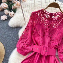 High-quality multi-color belted pleated lace dress with long sleeves