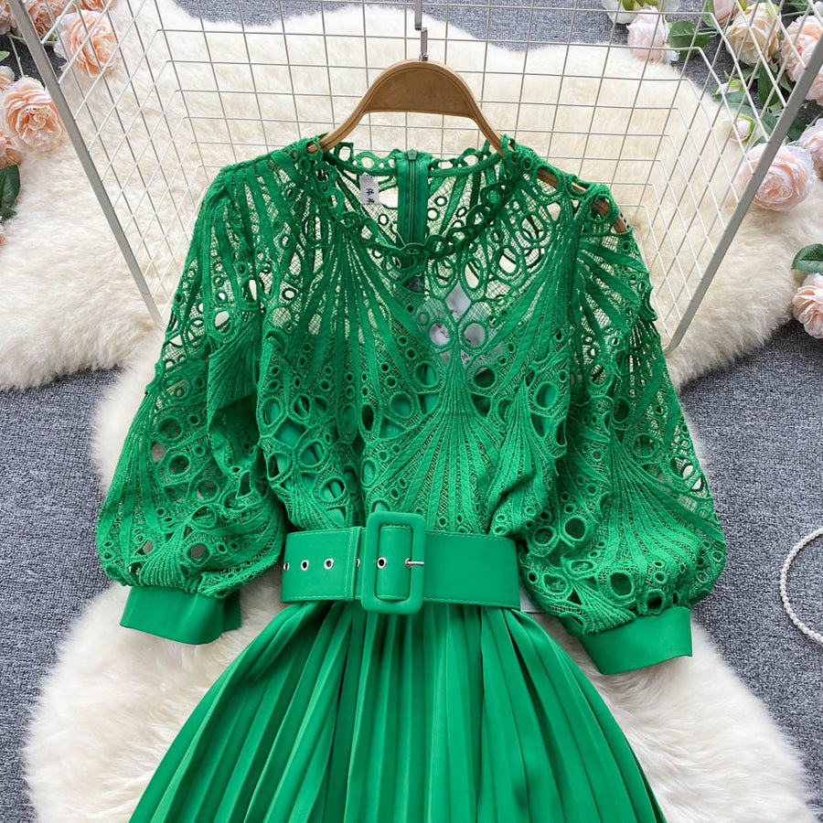 High quality vintage belted round neck half sleeve hollow out lace dress