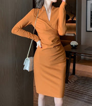 High Quality V Neck Long Sleeves Bodycon Knee Length Pencil Dress