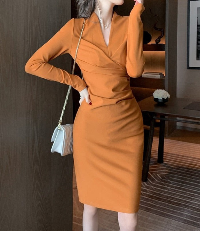 High Quality V Neck Long Sleeves Bodycon Knee Length Pencil Dress