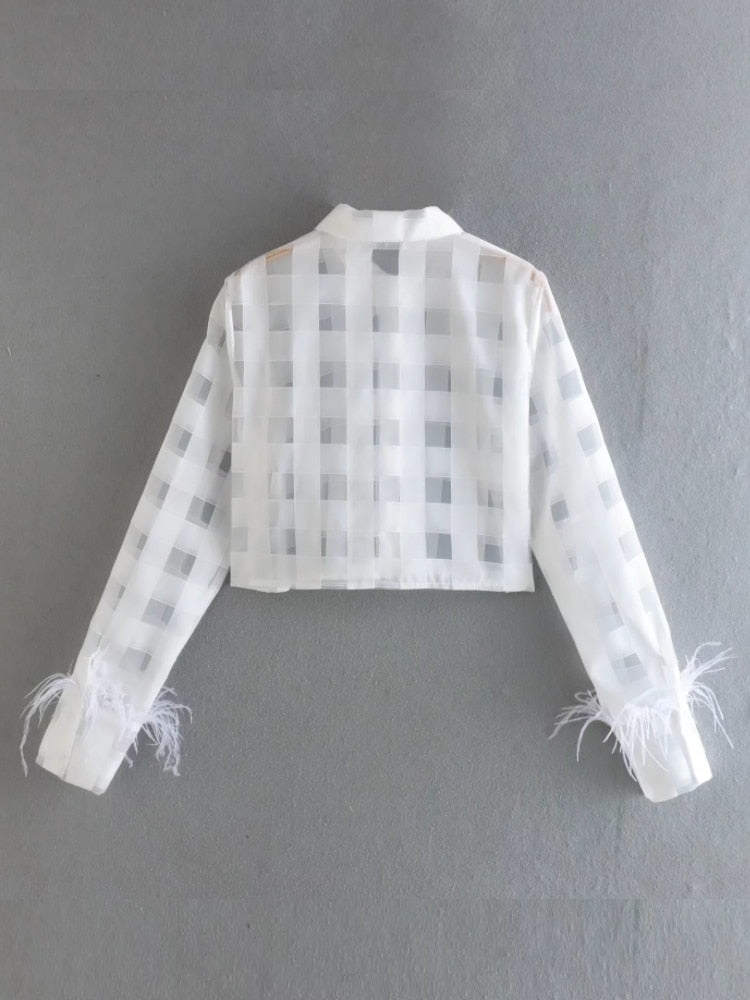 Plaid Organza Feather Decoration Women Short Shirts Summer Female Long Sleeve Blouse Smock Loose Tops Blusas LUJIA ALAN B503