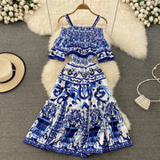 High quality midi flare sleeve cold shoulder blue and white porcelain print dress