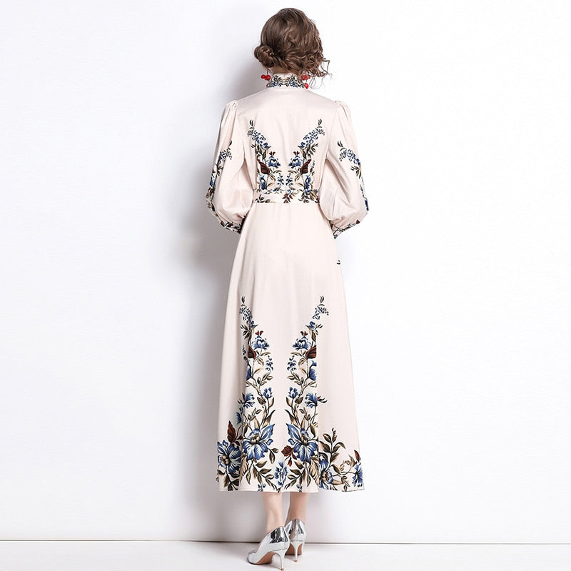 High Quality High Neck Long Sleeve Print Elegant Dress