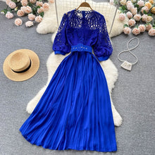 High-quality multi-color belted pleated lace dress with long sleeves