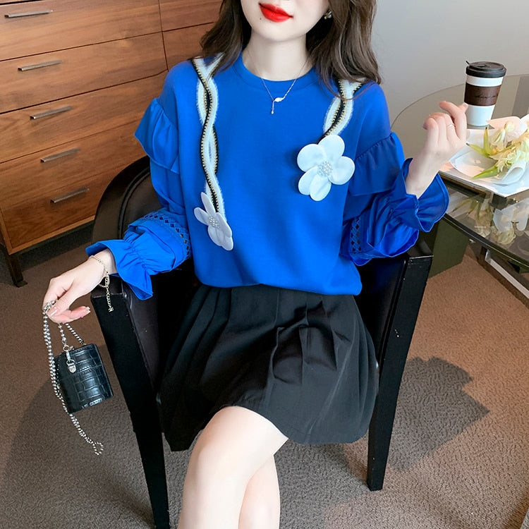 H Han Queen Autumn Women Hollow Stitching Flared Sleeve Sweatshirt Flowers Vintage Work Casual Tops Korean Design Loose T-Shirts