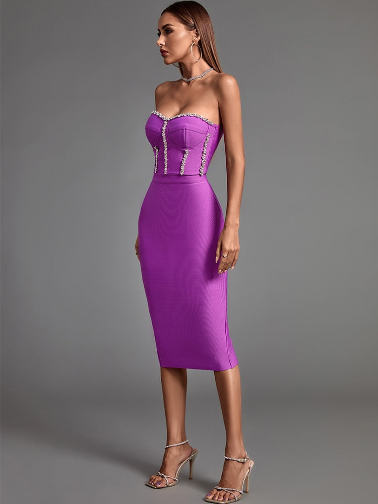 Purple Bandage Bodycon Midi Dress Elegant Sexy Purple / L Purple Bandage Bodycon Midi Dress Elegant Sexy Purple / L
