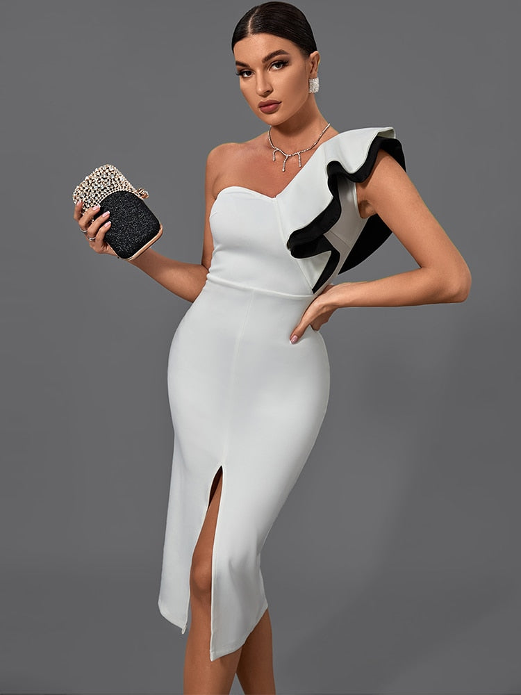 Green Bandage Ruffles Elegant Sexy Midi Bodycon Dress White / M Green Bandage Ruffles Elegant Sexy Midi Bodycon Dress White / M