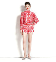 High Quality Print High Neck Lantern Long Sleeve Belted 2 Piece Set